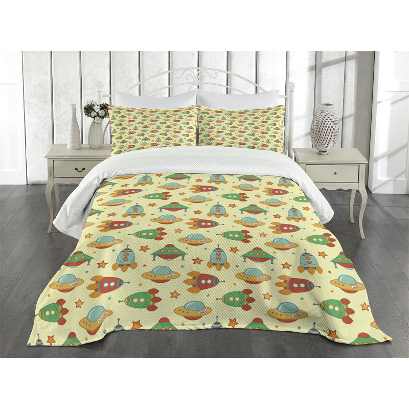 Ambensonne Spaceship Bedspread Rockets Multicolor Multicolor, King Coverlet/Bedspread + 2 Pillow Shams