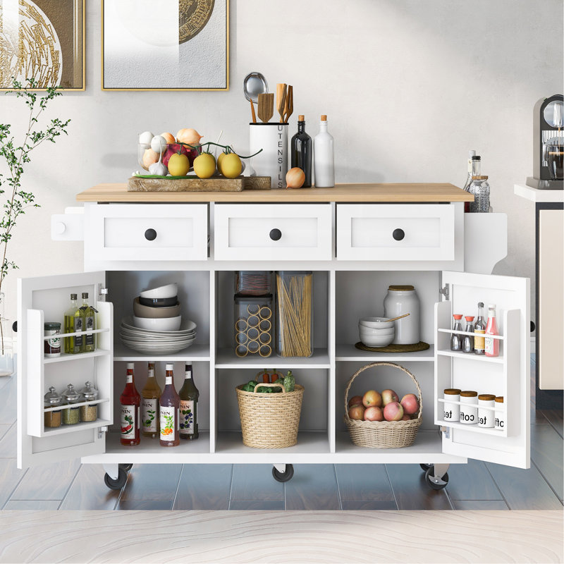 Kitchen Cart With Rubber Wood Drop-Leaf Countertop ,Cabinet Door Internal Storage Racks,Kitchen Island On 5 Wheels With Storage Cabinet And 3 Drawers For Dinning Room