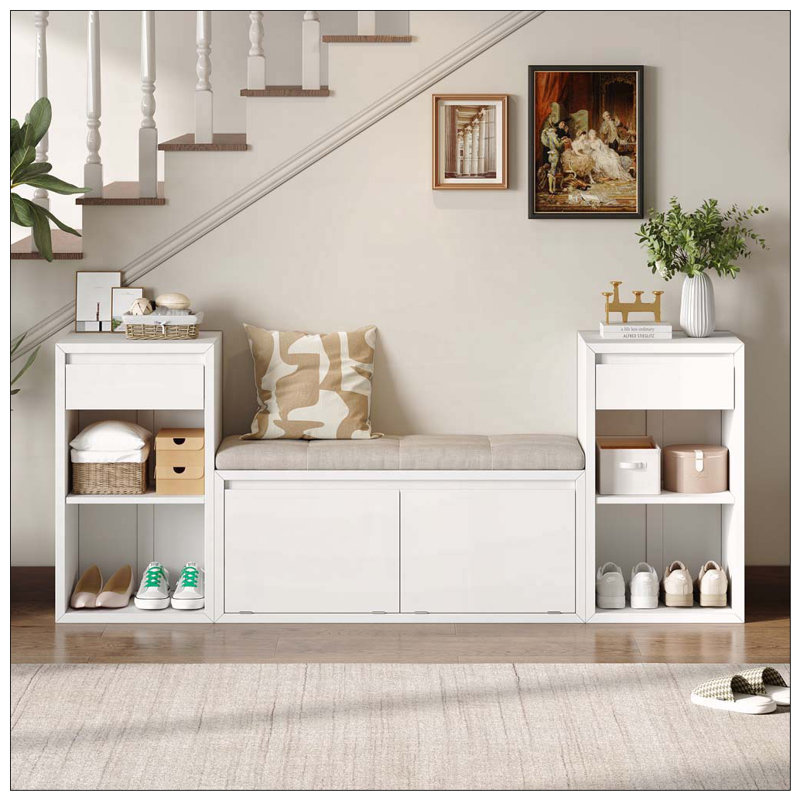 Banc de rangement tout-en-un avec coussin, compartiments, tiroirs et tablettes ouvertes, banc de rangement, Blanc