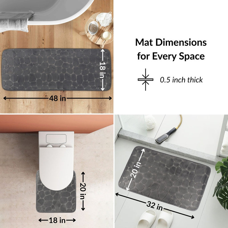 Memory Foam Bathroom Rugs Set 3 Piece Pebble Stone, Gray