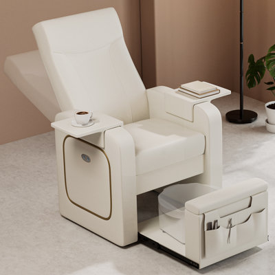 Fauteuil de pédicure électrique sans raccordement à l'eau, canapé inclinable pour bain de pieds et extensions de cils, poste de pédicure avec pochette à outils pour petits espaces, blanc cassé