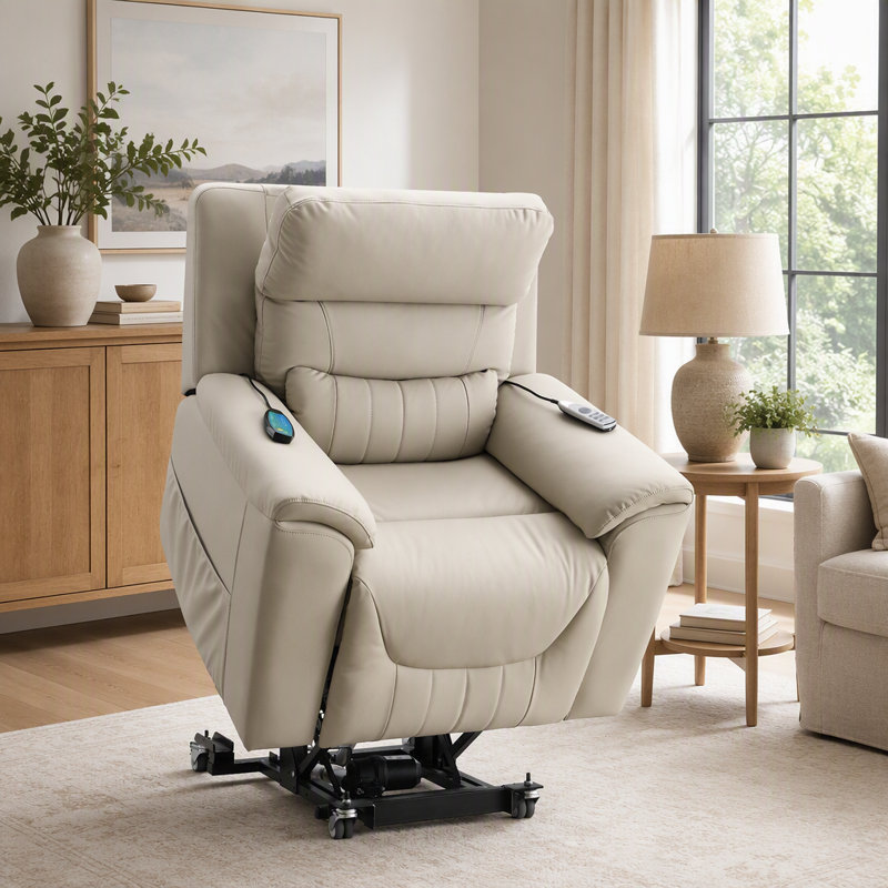 Fauteuil inclinable électrique Marsha en similicuir silicone gris pâle avec fonction de levage, massage et position zéro gravité pour un confort optimal