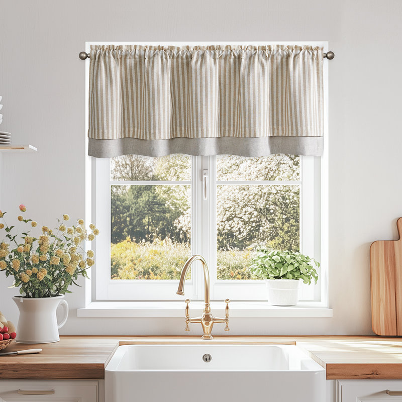 Cantonnière rayée en lin, Beige, L 50 po x L 18 po