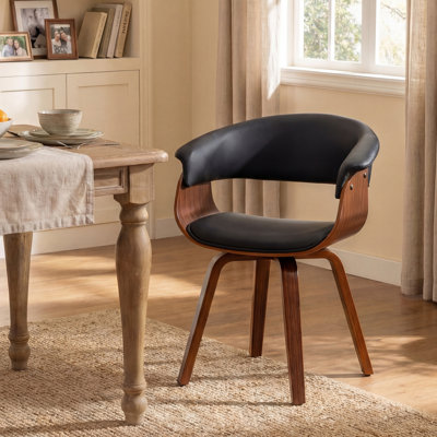 Modern Upholstered Dining Chairs, Black Faux Leather With Wooden Legs, Soft Padded Seat And Back, Scandinavian Kitchen And Dining Room Side Chairs​​