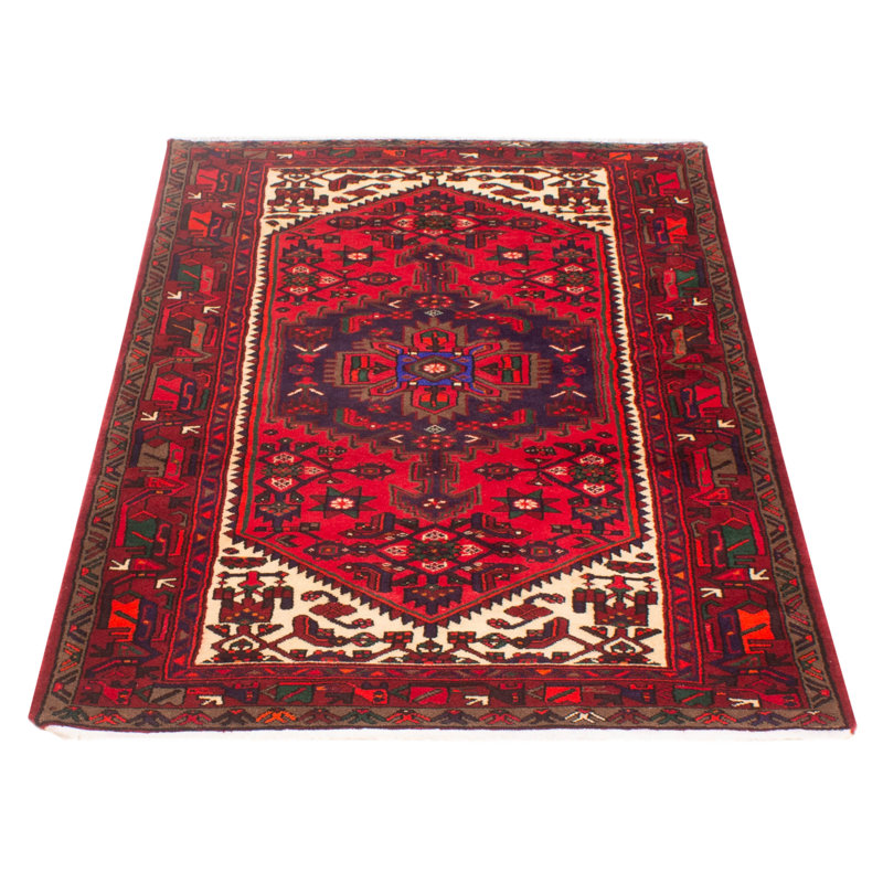 Tapis rouge en laine noué à la main de conception unique 4 pi 3 po x 7 pi 1 po New Age