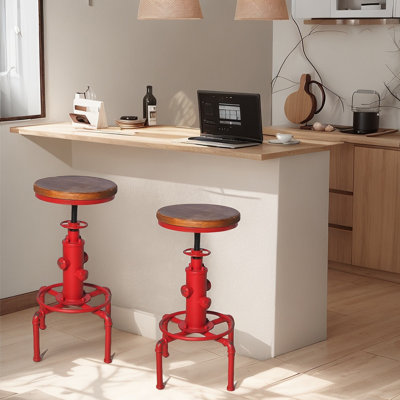 Industrial Bar Stools Vintage Counter Stool For Kitchen Island Farmhouse Breakfast Dining Chair 24.01-29.92Inch Height Adjustable Fire Hydrant Design (Aged Red)