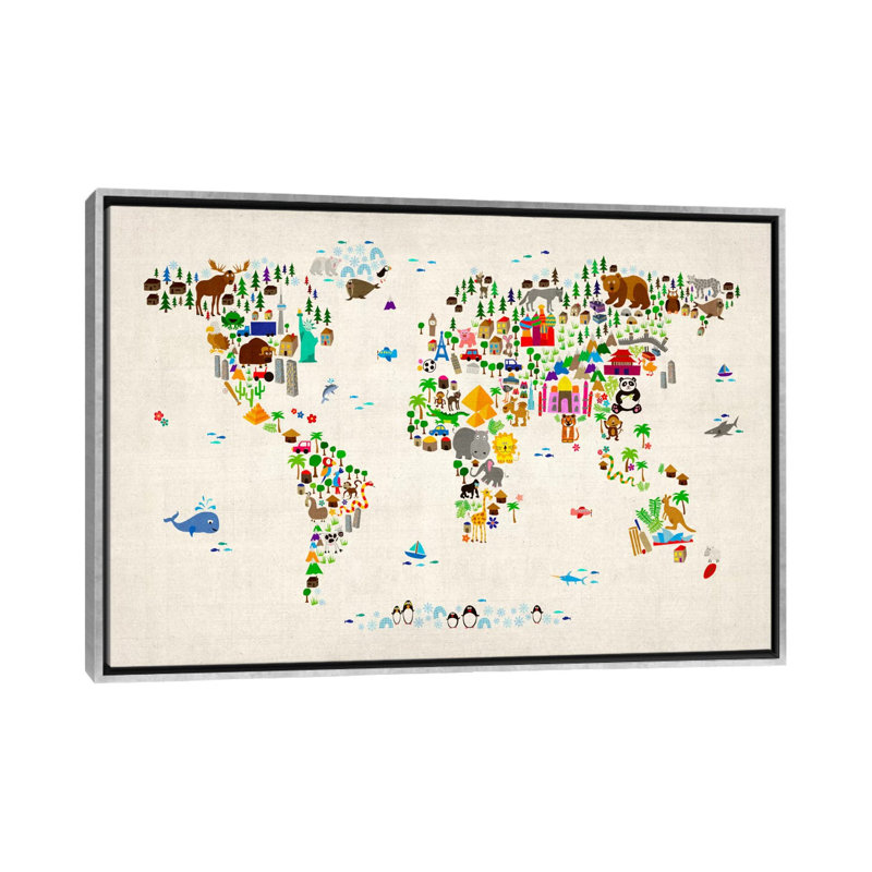 « animal map of the world ii » par michael tompsett-print, Toile avec cadre argenté, H 32 po x l 48 po x P 1,5 po