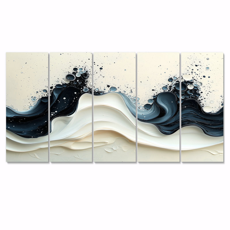 Vague noire et blanche, rythme rythmique de la rivière V, H 28 po x l 60 po, 5