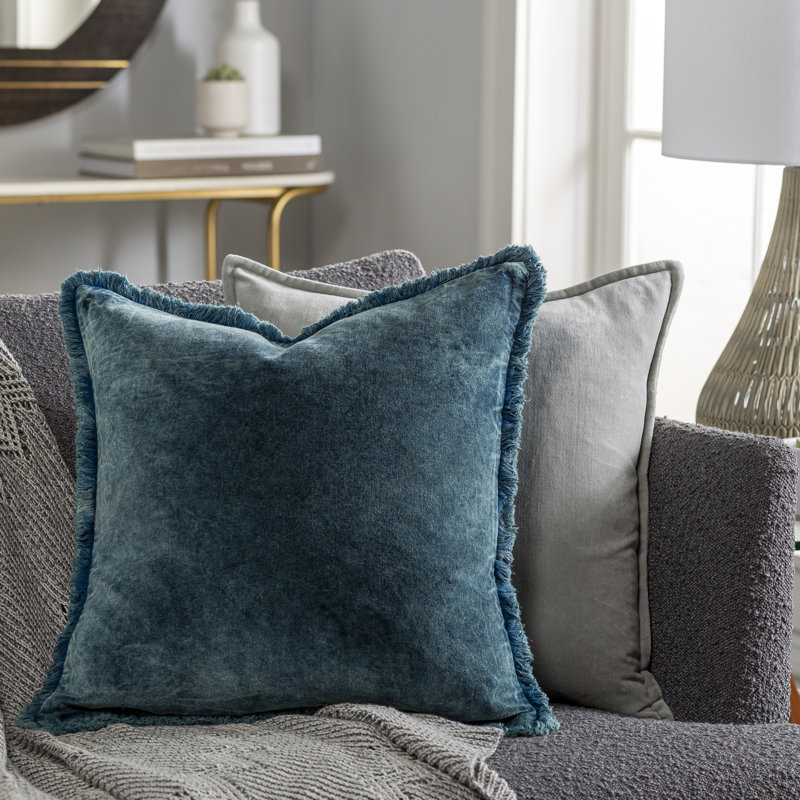 Steph Fringed Cotton Throw Pillow, Denim, Polyester/Polyfill, 18" x 18"