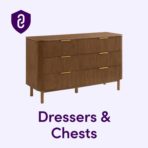Mid-century modern walnut dresser with six drawers and gold handles