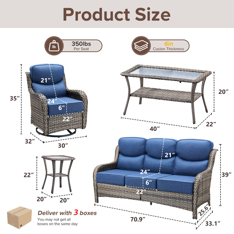  5-Piece Patio Furniture Set With Swivel Glider Chairs, 6-Inch Ultra-Plush Cushions & Water-Resistant Olefin Fabric, Blue