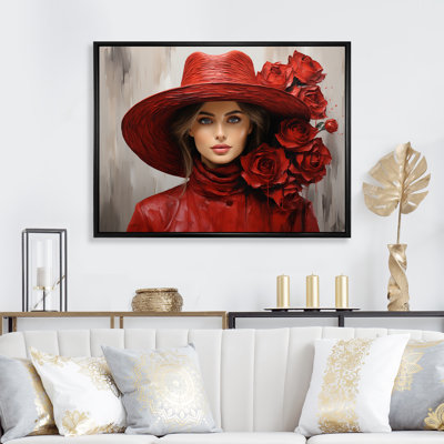 Red Hat Fashion Rose Woman - Fashion Canvas Art