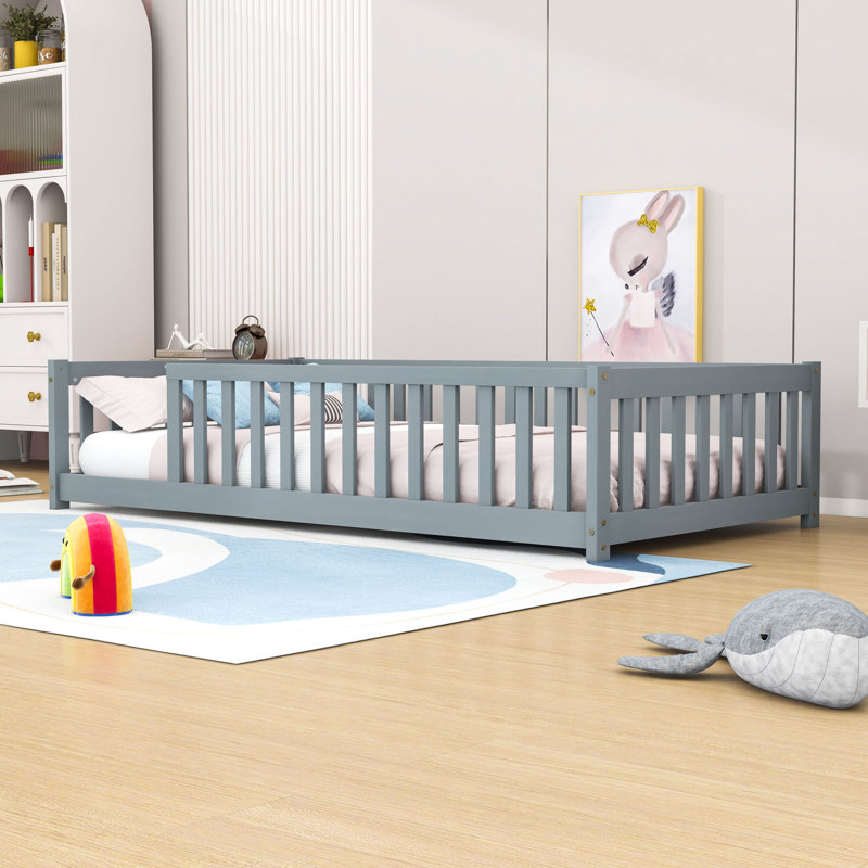 Twin Size Floor Bed With Fence, Gray