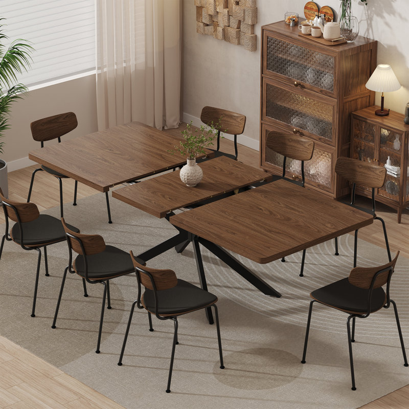 55.11-70.8 Inch Extendable( With Rotating Extension Leaves) Rectangle Dining Table For 6-8 People, Walnut Horizontal Grain