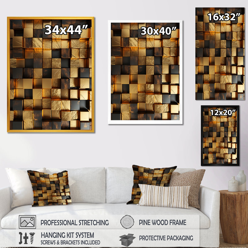 Or abstrait, cubes I - art mural géométrique, Cadre flottant noir, H 32 po x l 24 po x P 1 po