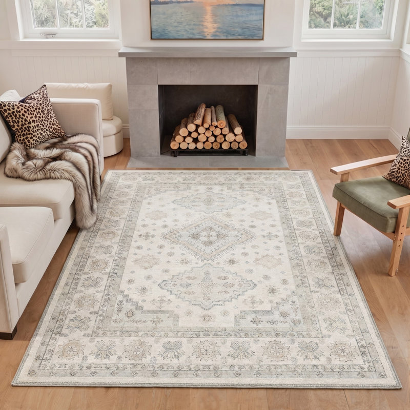 Tapis oriental oriental lavable à la machine avec envers antidérapant, Beige, Rectangle 9 pi x 12 pi