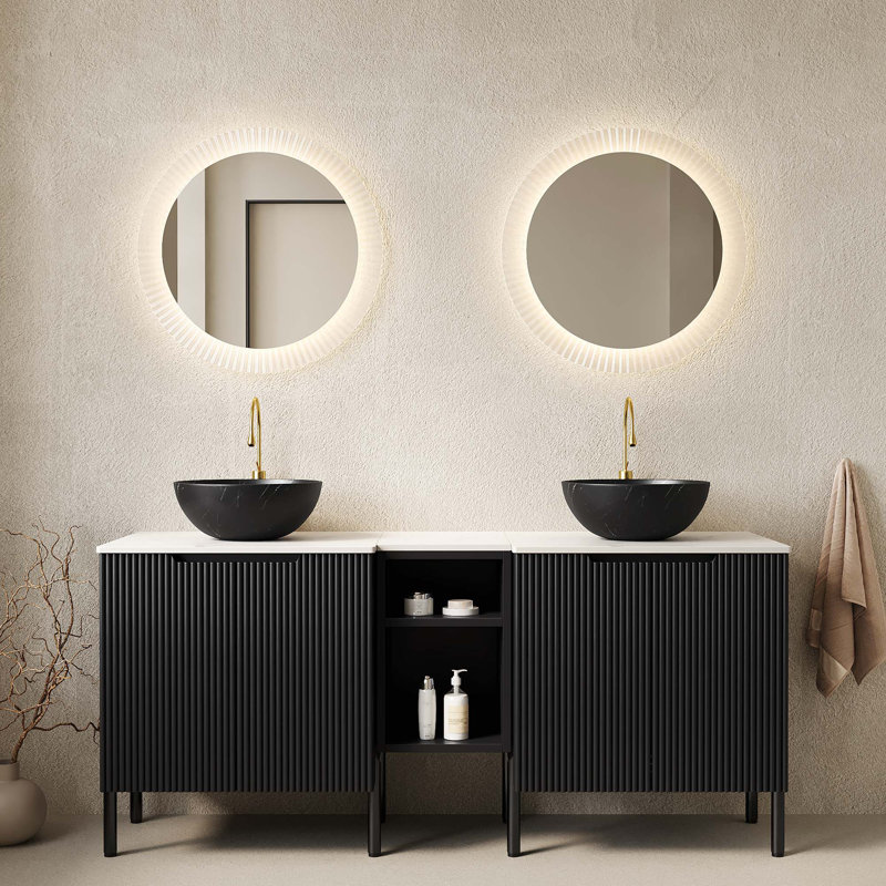 Freestanding Double Bathroom Vanity with Stone Pattern Basins and Ample Storage