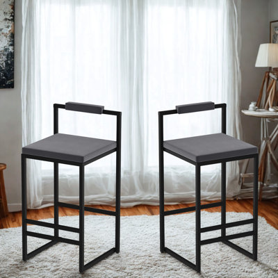 Tabourets de bar rembourrés en velours à hauteur de comptoir pour îlot de cuisine, ensemble de 2 chaises de salle à manger modernes avec repose-pieds et dossier (noir et gris)