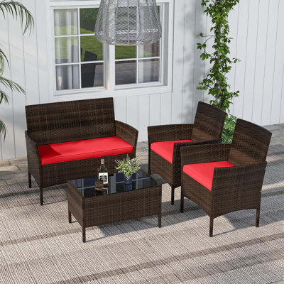 Ensemble de meubles de patio 4 pièces avec coussins lavables et table basse en verre trempé rouge