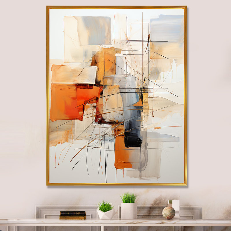 Orange orange et gris, art abstrait sur toile, H 20 po x l 12 po, Reproduction avec cadre flottant, Doré