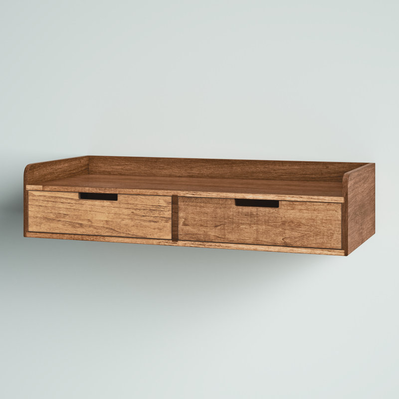 Casiano Solid Wood Floating Shelf with Drawer, Rustic Brown