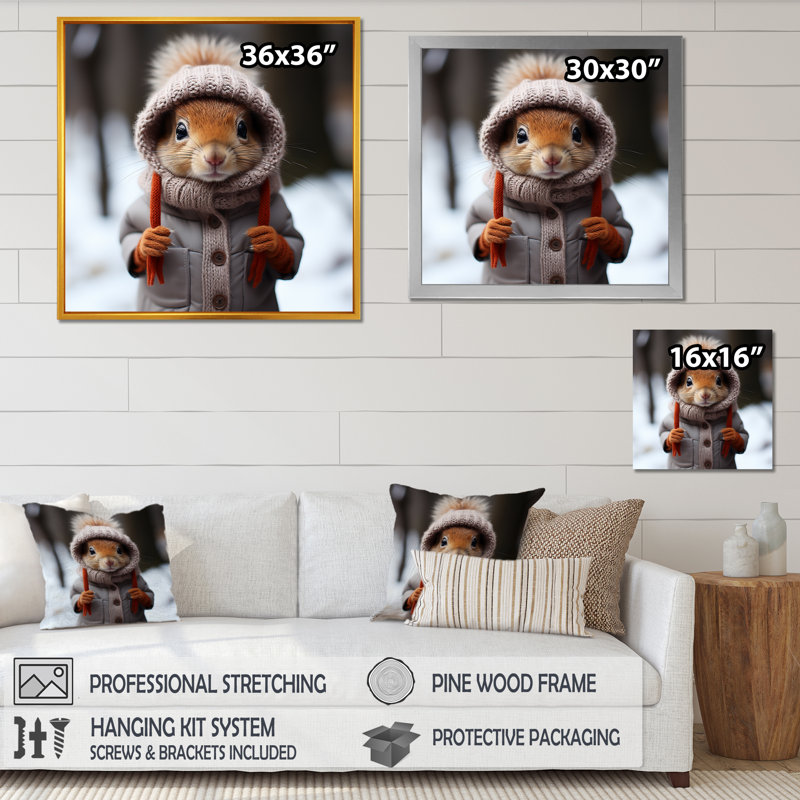 Écureuil avec chapeau dans la neige - Art mural écureuil, Cadre doré simple, H 30 po x l 30 po x P 1,5 po