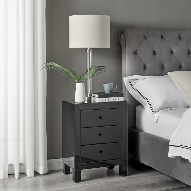 Mackynsie Mirrored Bedside Cabinet With 3 Drawers - Modern Luxury Bedside Table Nightstand, Black