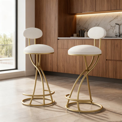 Ensemble de 2 tabourets de bar ronds | Chaises de comptoir revêtues de velours blanc doré et crème, 17,12 x 14,96 x 36,61 po, structure en métal en forme de S + antidérapante, assemblage facile / nettoyage à sec, pour îlot de cuisine / salle à manger