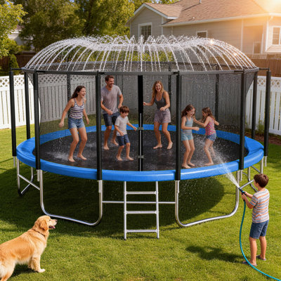 Fiziti Outdoor Trampoline 16FT Round Backyard Trampoline With Safety Enclosure, Basketball Hoop, Sprinkler, Lights, Socks
