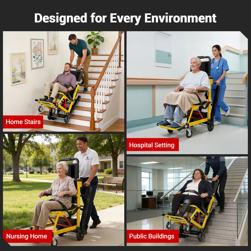 Chariot élévateur motorisé pour escaliers, capacité de 218 kg (480 lb), avec grandes roues, Jaune