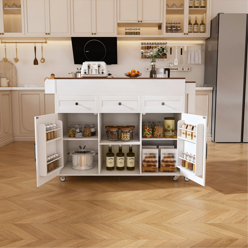 Îlot de cuisine extensible avec table de salle à manger, prise de courant et rangement sur roulettes, blanc