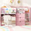 Lit mezzanine double pleine grandeur, rose, avec bureau intégré, armoires de rangement, bibliothèque, tableau blanc pour griffonner, assemblage facile et lit rose spacieux à trois compartiments, tablettes ouvertes, espace disponible-130522900