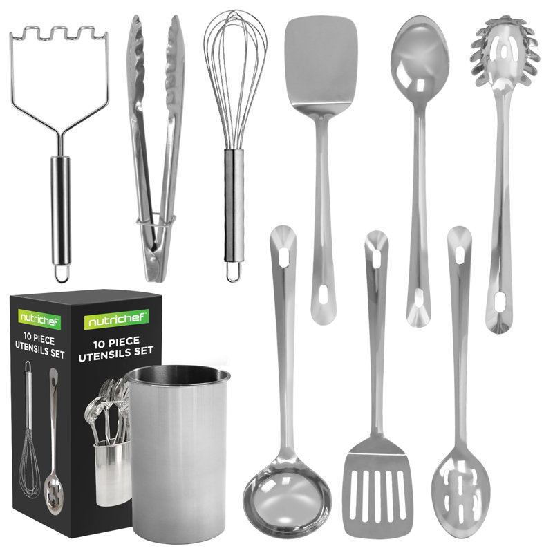 Ensemble d'ustensiles de cuisine en acier inoxydable 10 pièces Nutrichef - Outils de cuisson en métal - Comprend un porte-ustensiles, une cuillère, une cuillère à fente, un tourne-spatule, une spatule à fente, une louche, une fourchette à pâtes, u