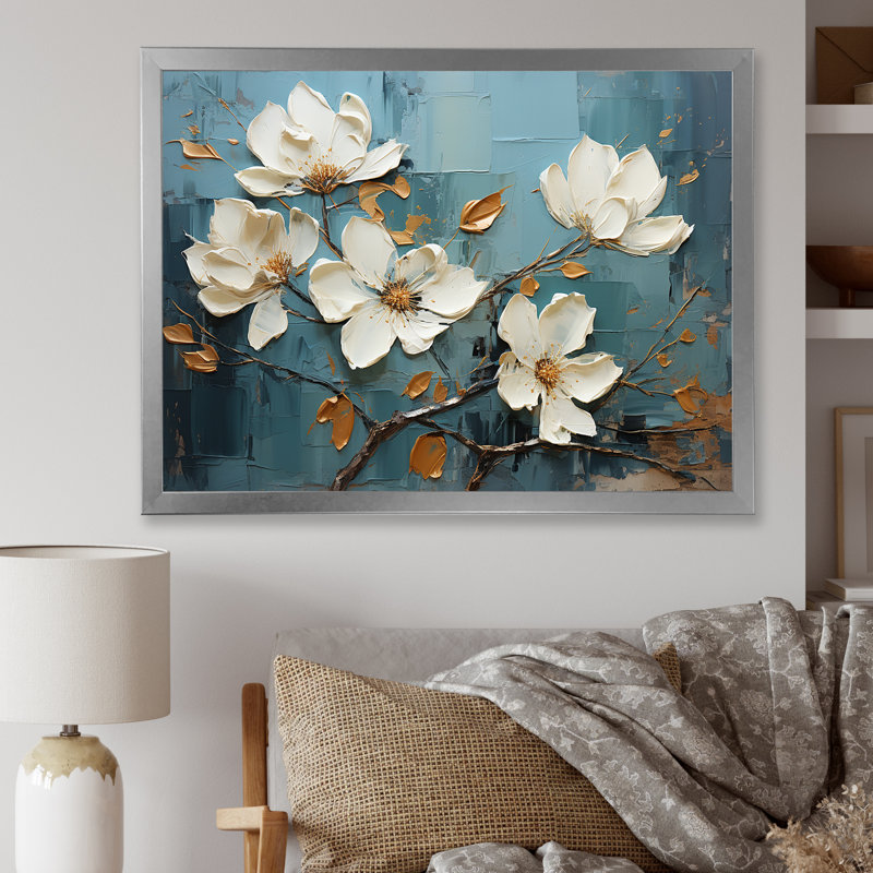 Blanc et bleu, charmante fleur printanière élégance II - fleurs, art mural, Cadre de coin fermé argenté