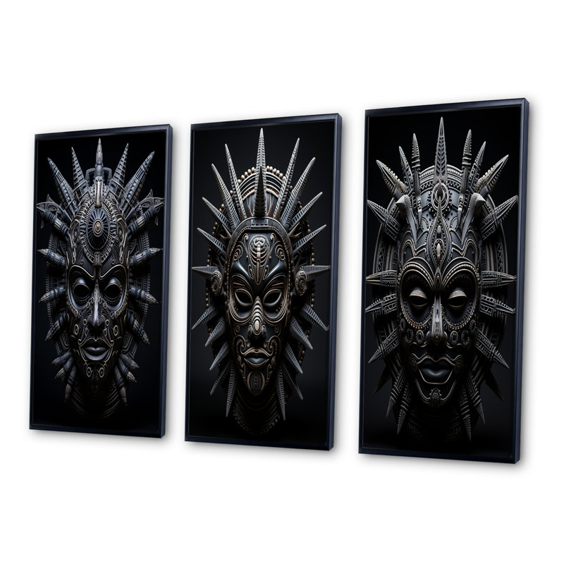 «African Mask Tribu», 3 pièces sur toile, Cadre noir, H 20 po x l 36 po