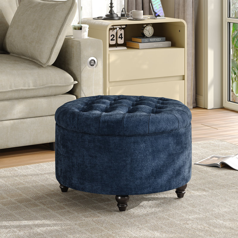 Pouf de rangement rond capitonné en chenille de 58 cm avec plateau en bois à couvercle rabattable, 24", Blue