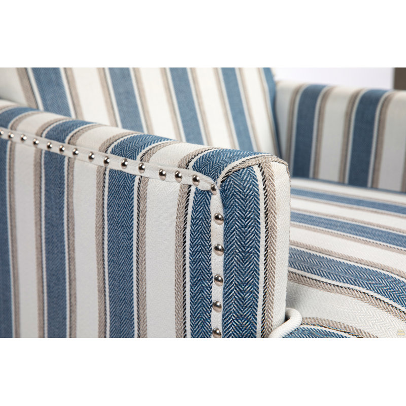 Chaise d'appoint rembourrée, fauteuil vintage avec tissu en lin rayé bleu et blanc et garniture cloutée pour le salon