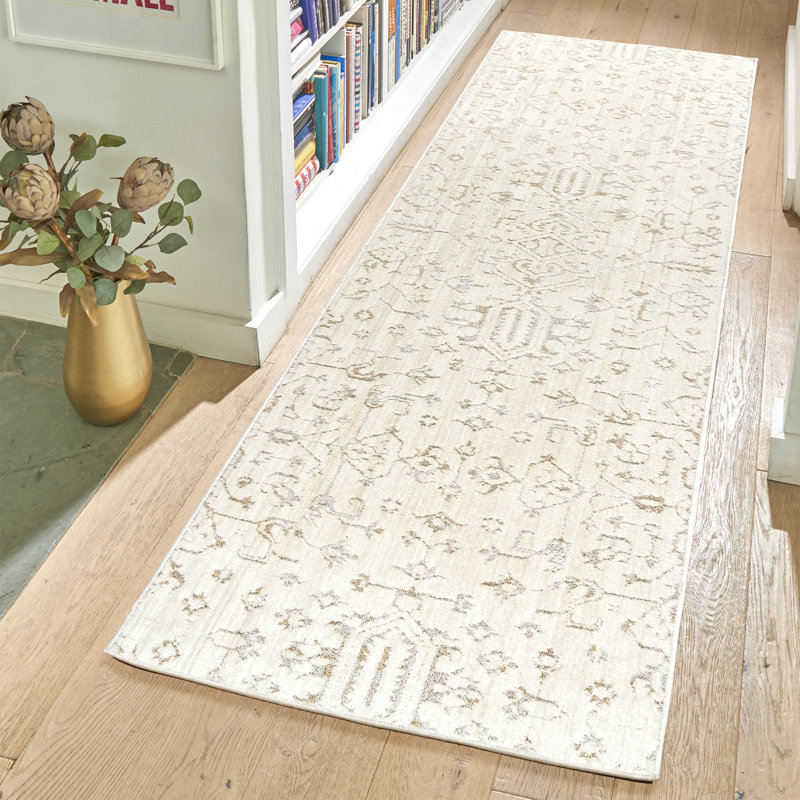 Cream and Beige Synthetic Moroccan Runner Rug 2'7" x 8'