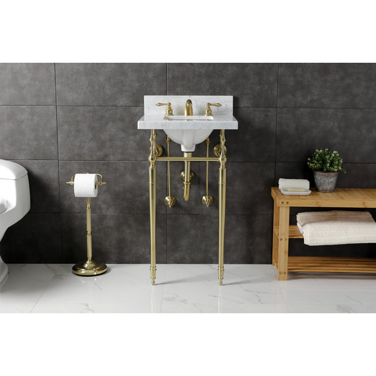 Edwardian Marble White/Brushed Brass Rectangular Console Bathroom Sink with Overflow