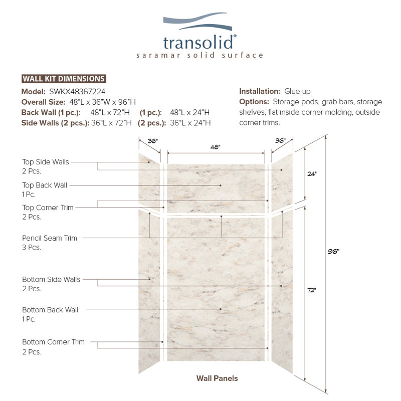 SaraMar 48'' W 36'' D 96'' H Glue Up Solid Surface Wall