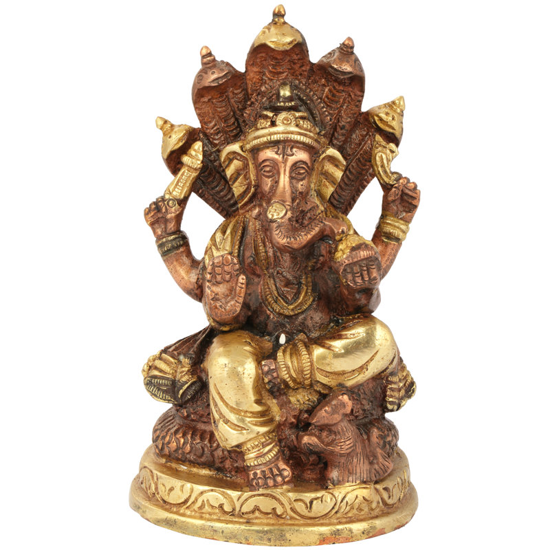 Figurine Ganesha assise sur Sheshanaga, Brun / or