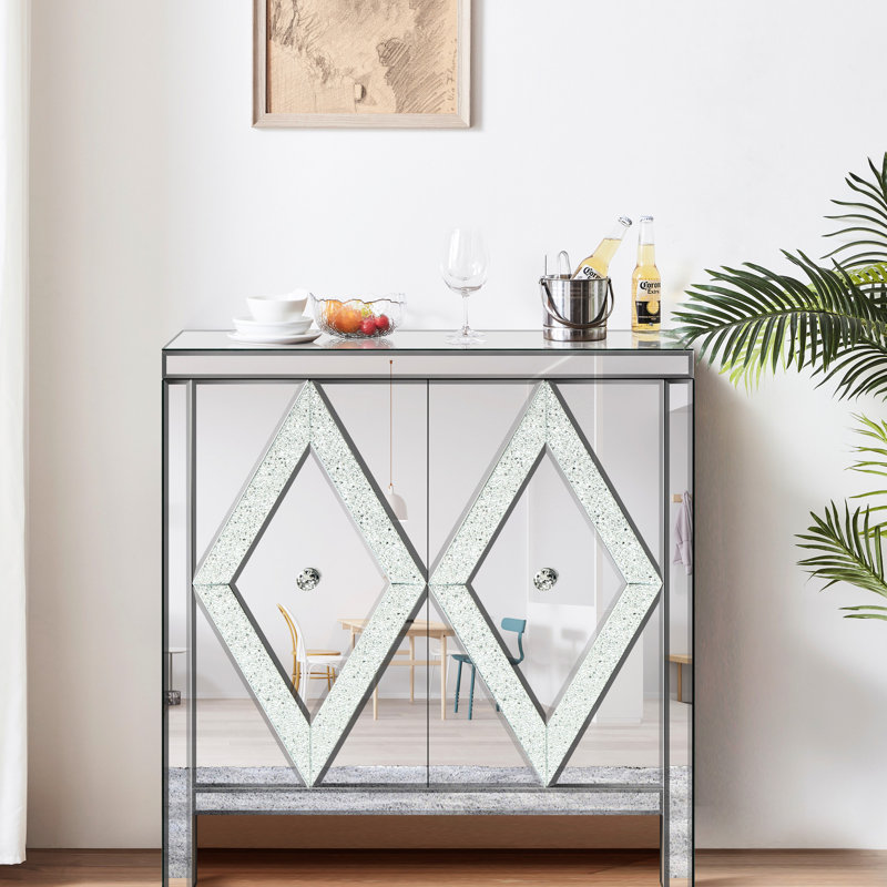 Armoire de rangement en forme de losange avec miroir, argentée, pour salon, salle à manger, entrée, cuisine - Meuble de rangement en verre avec moulures et motifs, solide
