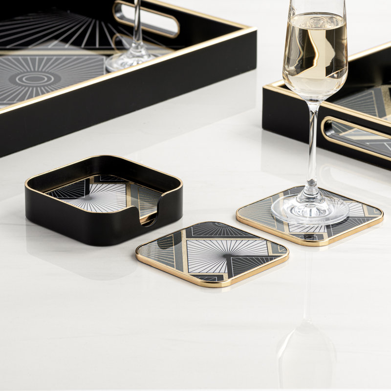 Glass Agate Ceramic Jute Leather Crystal Square Round 4 Piece Coaster Set with Holder Set