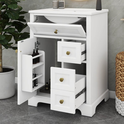 Ensemble de meuble-lavabo 24 po avec lavabo, armoire de rangement en bois massif avec 2 tiroirs et un tiroir basculant