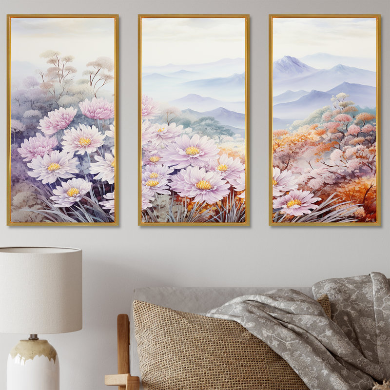 Mums Flowers In Mountain Scenery - Ensemble de décorations murales fleurs, Cadre flottant doré, H 32 po x l 48 po x P 1 po