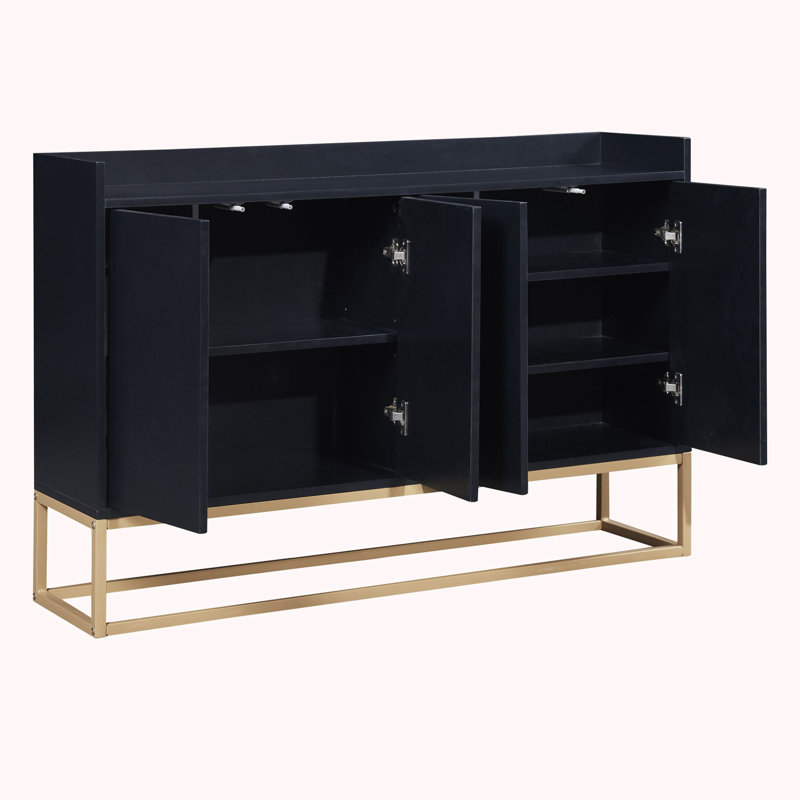 Console en bois avec grand espace de rangement, pieds en métal doré, 31.5" H x 47.2" W x 11.8" D, Noir, noir, noir, noir