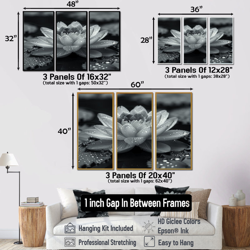 Lotus gris photo élégante silhouette II - ensemble de décoration murale lotus, H 28 po x l 36 po x P 1 po