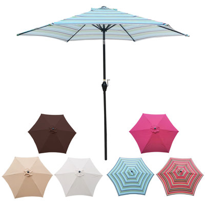 Parasol de patio de 9 pi à rayures bleues, forme de pavillon hexagonal, protection 40+ Upf, inclinaison à bouton-poussoir, système de manivelle, évent pour stabilité, parasol extérieur, auvent rayé, levage à 45 degrés, poteau en acier et