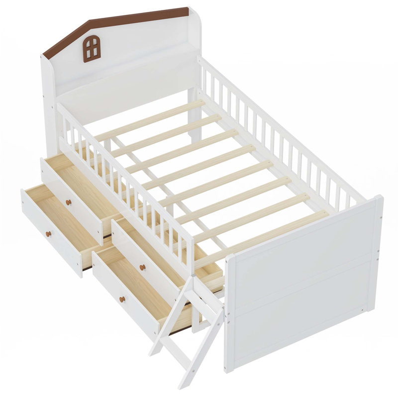 Structure de lit simple avec tiroirs de rangement, conception en bois pour enfants, lit plateforme avec garde-corps, tête de lit et échelle, aucun sommier requis, facile à assembler
