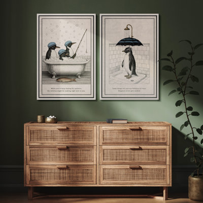 Art mural pingouin avec parapluie, reproduction d'art amusante pour salle de bain moderne ou décoration originale